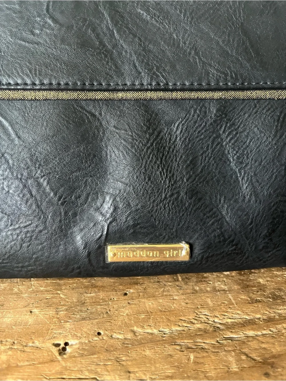 Madden Girl Black Faux-Leather Crossbody with Pearl Studs and Gold Chain
